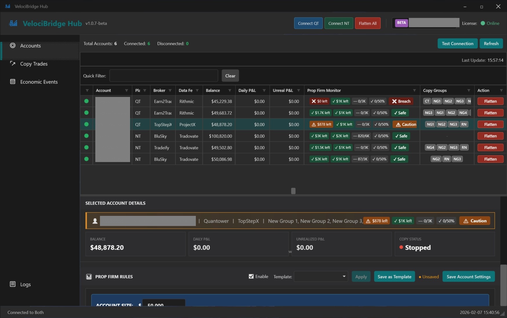 VelociBridge Hub Dashboard showing connected accounts, balances, and prop firm monitor status