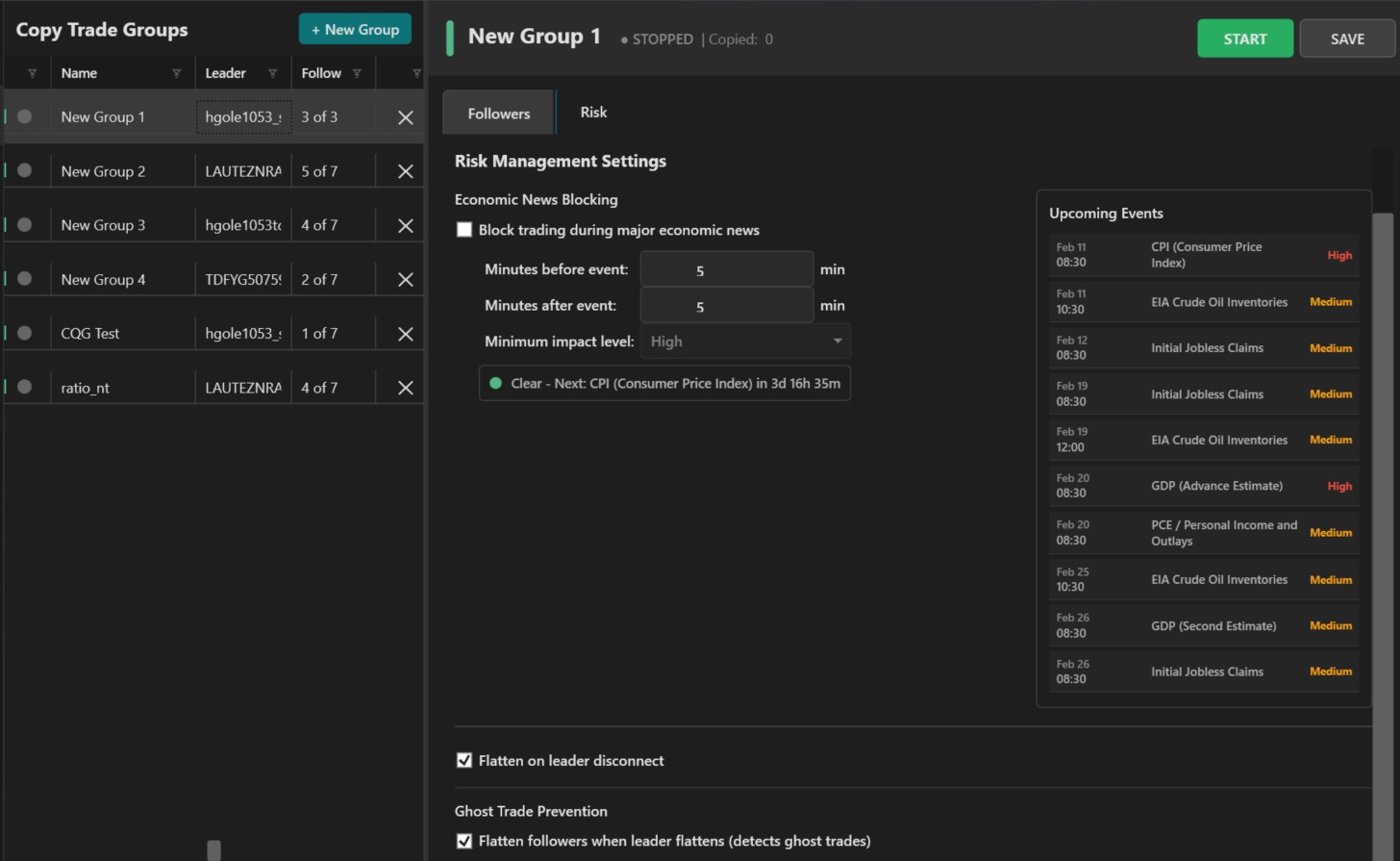 VelociBridge Risk Management settings with News Guard and economic calendar